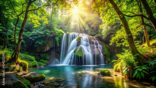 Discover a peaceful waterfall nestled in a lush forest, beautifully rendered with soft bokeh, inviting nature lovers to indulge in its serene beauty.