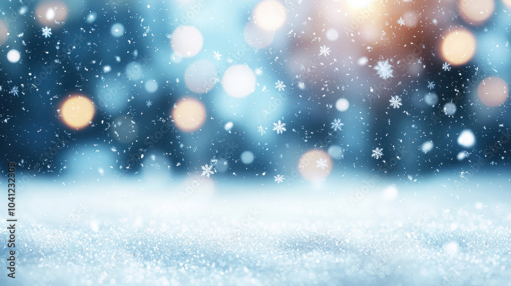 Snowflakes gently fall on serene winter landscape, creating magical atmosphere filled with soft bokeh lights. scene evokes sense of calm and wonder Snowflakes gently fall on serene winter landscape, creating magical atmosphere filled with soft bokeh lights. scene evokes sense of calm and wonder