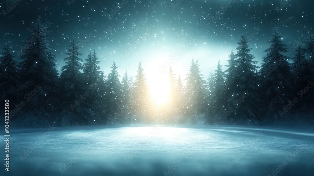 serene winter landscape featuring snowy field surrounded by tall evergreen trees. Soft snowfall creates magical atmosphere, illuminated by warm light in distance serene winter landscape featuring snowy field surrounded by tall evergreen trees. Soft snowfall creates magical atmosphere, illuminated by warm light in distance
