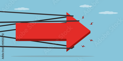 Giant arrow in ropes. Business project or stock market moving straight with full effort. Business difficulty or struggles, career ladder, overcoming obstacles to success.