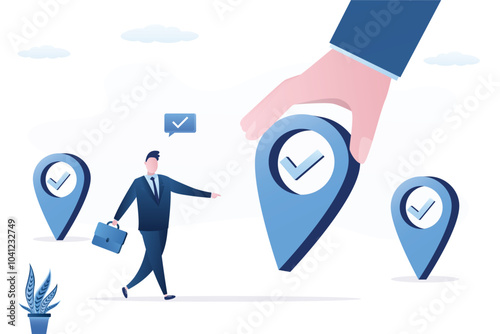 Giant hand carrying and putting huge with location pin. Change place of business, relocation. Open new office or shop. Location services as destination.