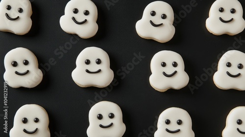 Halloween ghost cookies with happy faces, arranged in a playful pattern, on a black surface.