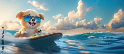 Surfing puppy wearing sunglasses, enjoying waves, bright sunny day