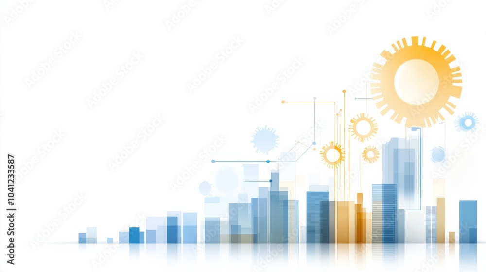 Abstract city skyline illustration with geometric shapes and vibrant colors representing growth and innovation. Abstract city skyline illustration with geometric shapes and vibrant colors representing growth and innovation.