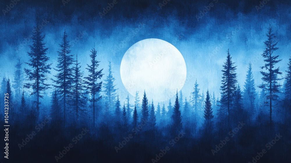 serene night scene featuring full moon illuminating dense forest of tall pine trees. blue tones create calm and mystical atmosphere, perfect for evoking sense of tranquility and wonder serene night scene featuring full moon illuminating dense forest of tall pine trees. blue tones create calm and mystical atmosphere, perfect for evoking sense of tranquility and wonder