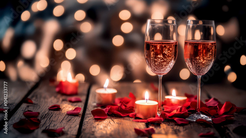 Romantic valentine's day dinner with wine and candles in an intimate setting. Wine, berries and candles on a table. Cozy romantic card. Copy cpace photo