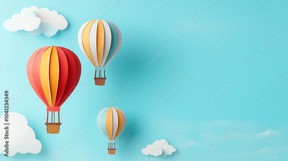 Obraz premium Colorful hot air balloons floating against a bright blue sky with fluffy clouds evoking a sense of adventure and freedom