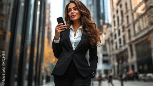 Full body portrait of successful businesswoman in suit talking on smartphone, walking city urban street