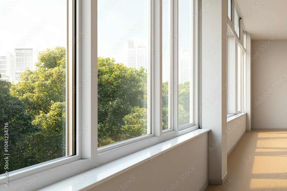 Bright and spacious interior with large windows overlooking lush greenery in an urban setting Bright and spacious interior with large windows overlooking lush greenery in an urban setting