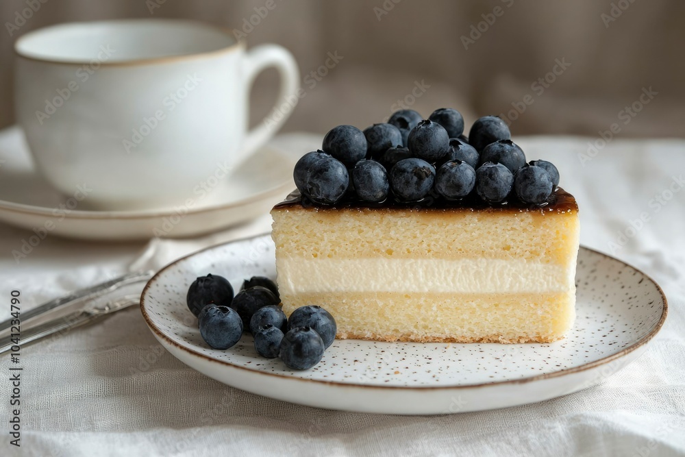 Blueberry Topped Cheesecake Slice on Speckled Plate Blueberry Topped Cheesecake Slice on Speckled Plate