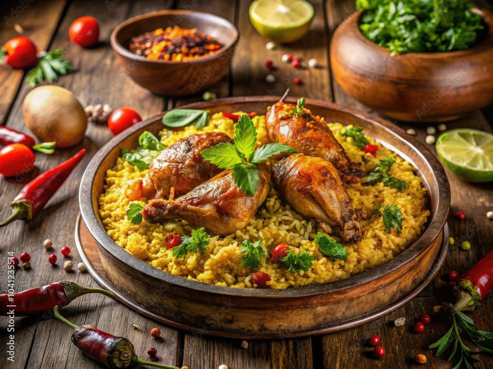 Dramatic aerial arrangement of spiced chicken and fluffy rice, all minimalist elegance. Dark wood background enhances the warm hues and flavors of the dish. Dramatic aerial arrangement of spiced chicken and fluffy rice, all minimalist elegance. Dark wood background enhances the warm hues and flavors of the dish.