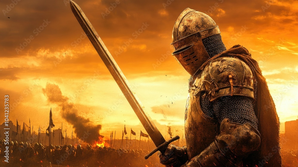 Knight in shining armor with a large iron helmet, holding a sword. Background features a dramatic sunset over a medieval battlefield. Knight in shining armor with a large iron helmet, holding a sword. Background features a dramatic sunset over a medieval battlefield.