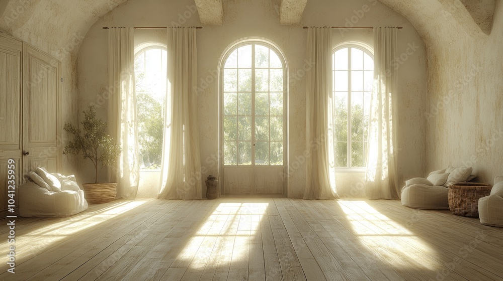 Sunlight Streaming Through Arched Windows in a Room with White Walls and Wooden Floor Sunlight Streaming Through Arched Windows in a Room with White Walls and Wooden Floor