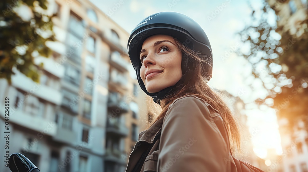 A young woman in a helmet, smiling, on a city street. A young woman in a helmet, smiling, on a city street.