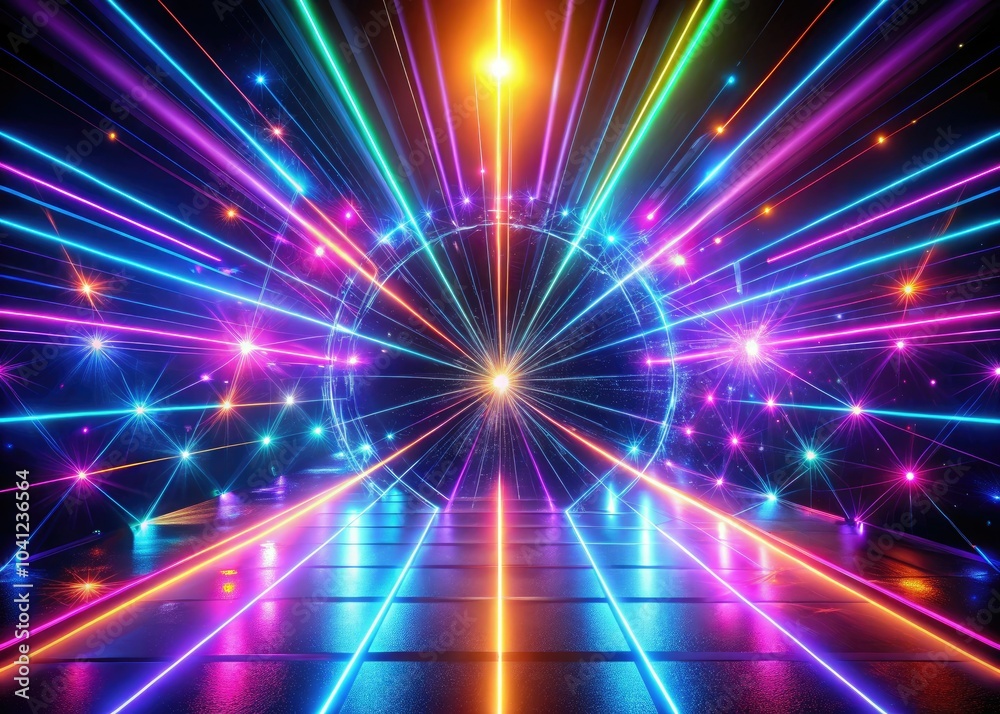Obraz premium Dynamic 3D visualization featuring abstract neon lights with a vibrant laser display and pulsating ultraviolet energy, creating an immersive and electrifying atmosphere of color and movement.