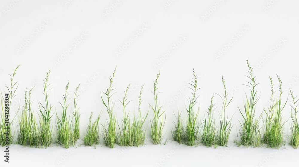 Line of verdant grass tufts, each with distinct shapes, against a white backdrop. Line of verdant grass tufts, each with distinct shapes, against a white backdrop.
