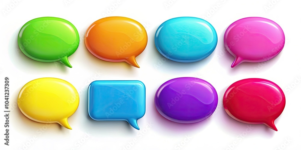 Dynamic speech bubbles in various colors, isolated on a white background, perfect for enhancing chatting and communication designs across various digital platforms and creative projects. Dynamic speech bubbles in various colors, isolated on a white background, perfect for enhancing chatting and communication designs across various digital platforms and creative projects.
