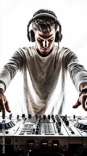 DJ Performing on Turntables with White Background	