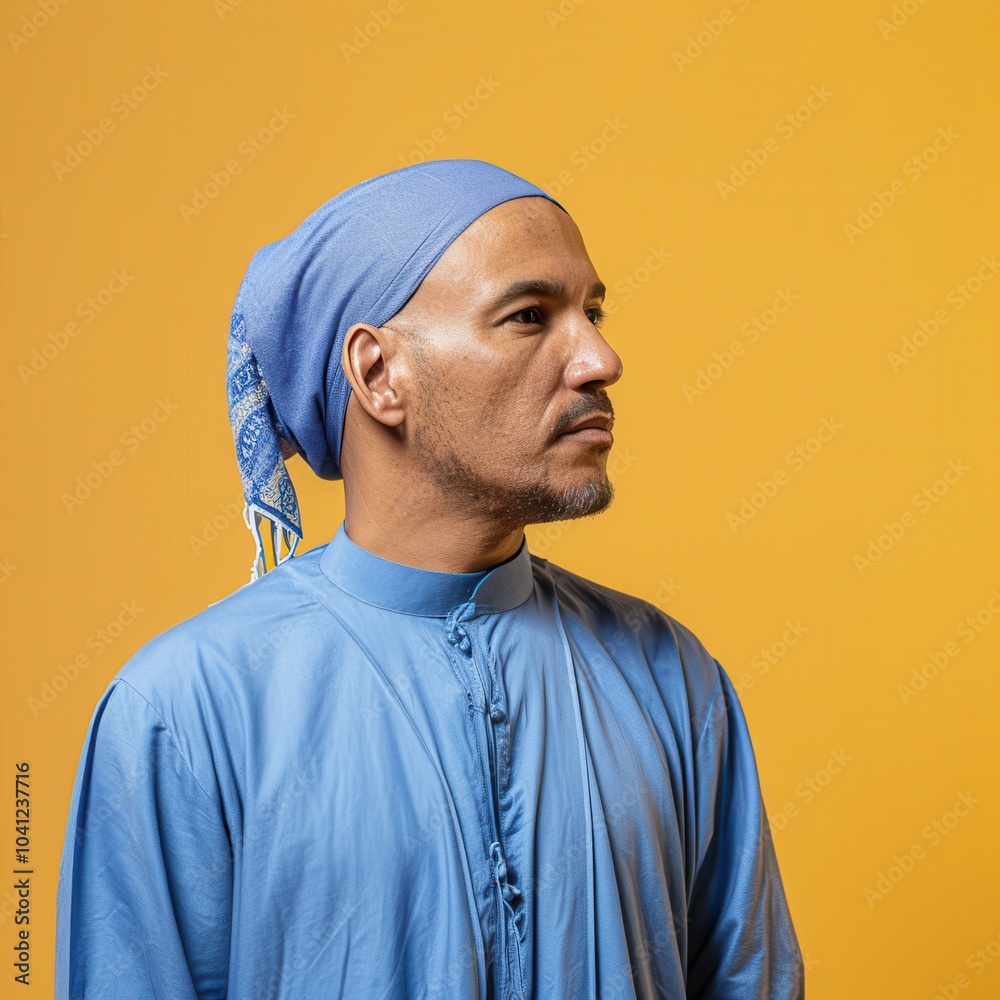 Portrait of a spirited North African man in his 40s wearing a blue garment and headscarf against a yellow background Portrait of a spirited North African man in his 40s wearing a blue garment and headscarf against a yellow background