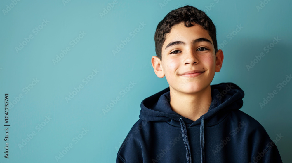 Fototapeta premium Smiling Middle Eastern teenager in casual hoodie posing against a blue backdrop