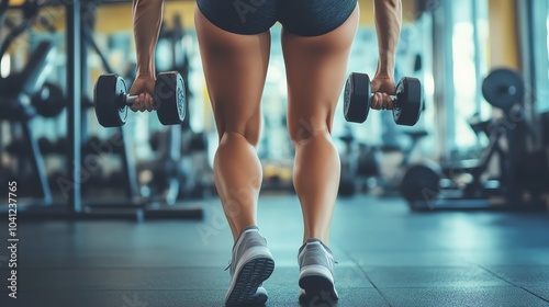 A woman doing a calf raise exercise with dumbbells.