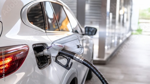 White modern family SUV being refueled at gas station close up of fuel nozzle in tank cap, family car, gas station, refueling photo