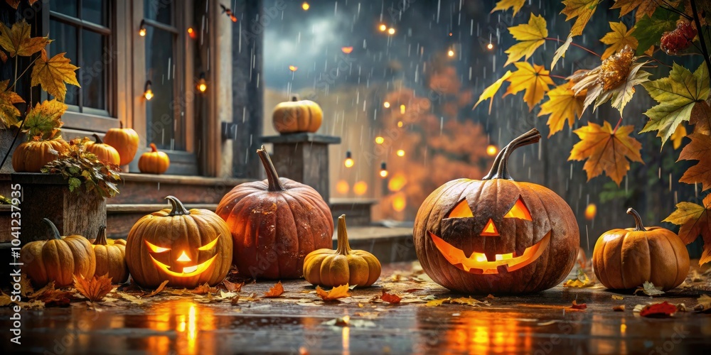 Fototapeta premium Eerie pumpkins glow on a rainy porch, cloaked in swirling autumn leaves, while a gloomy atmosphere deepens the mystery of Halloween's chilling embrace.