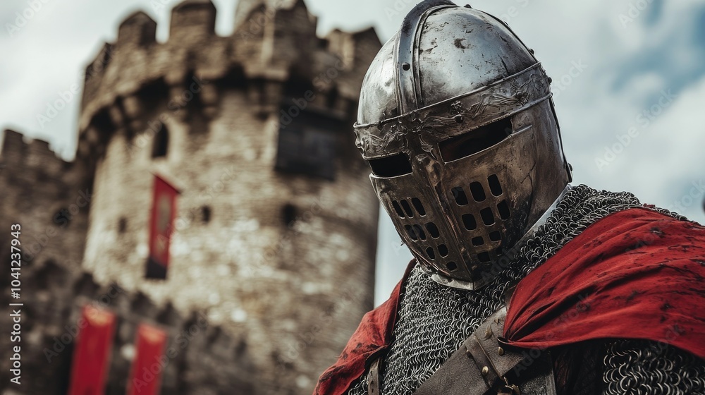 Man in full medieval knight's armor, wearing a heavy iron helmet with a visor. Standing in a stone castle hallway, illuminated by torchlight. Man in full medieval knight's armor, wearing a heavy iron helmet with a visor. Standing in a stone castle hallway, illuminated by torchlight.