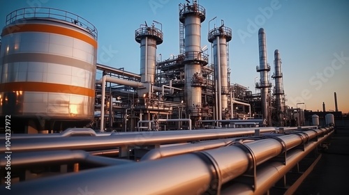 Industrial oil and gas production facility large steel pipes leading to tall tanks with white metal grates on top, gas production, industrial plant, steel pipes photo