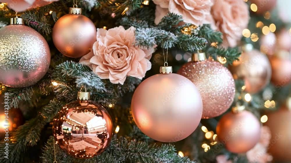Beautifully decorated Christmas tree with ornaments and festive flowers creating a warm holiday atmosphere