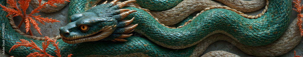 Intricate green serpent with detailed scales coiled amidst orange coral Intricate green serpent with detailed scales coiled amidst orange coral