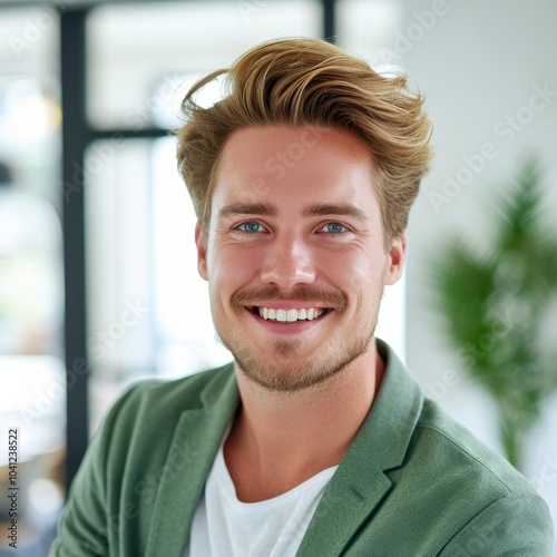 Smiling British IT project manager in a green jacket at the office