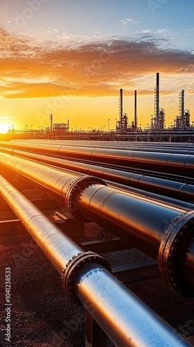 Row of gas pipes at oil and natural gas processing plant sun setting in the background, gas processing, oil plant, sunset