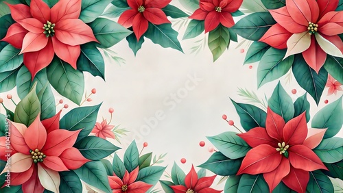 Red poinsettia flowers and green leaves frame, festive Christmas design, holiday decoration with copy space