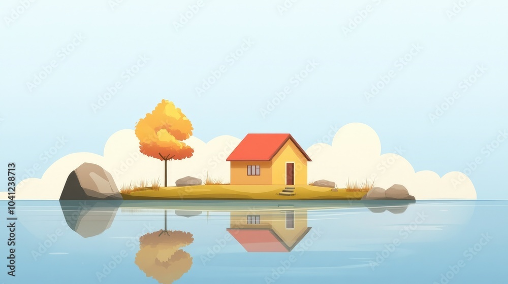 Naklejka premium Minimalist illustration of a small house on a tiny island, surrounded by a clear lake. Warm colors create a homely feeling with copy space available.