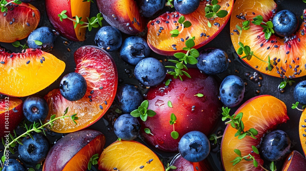 tasty and fresh marinated nectarine, blueberries with pieces of thyme background tasty and fresh marinated nectarine, blueberries with pieces of thyme background