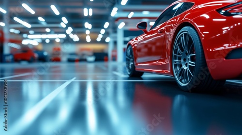 Red Sports Car Parked in a Showroom with a Polished Floor