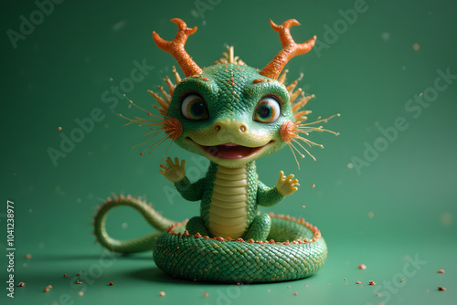 Adorable cartoon dragon with whimsical design on green background photo