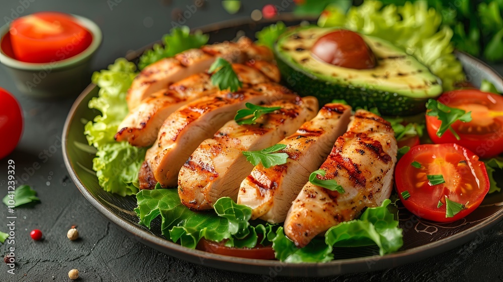 Grilled chicken meat and fresh vegetable salad of tomato, avocado, lettuce background Grilled chicken meat and fresh vegetable salad of tomato, avocado, lettuce background