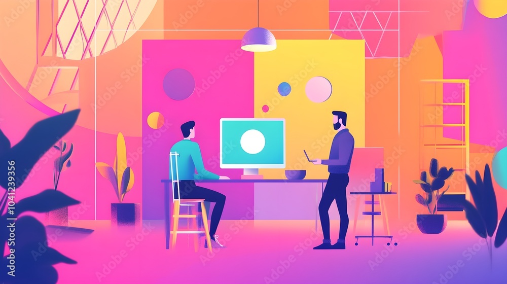 Two Businessmen Working Together in Modern Office with Colorful Walls Two Businessmen Working Together in Modern Office with Colorful Walls