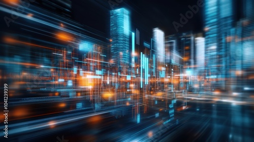 Dynamic city skyline with vibrant neon lights, showcasing a futuristic urban atmosphere and motion blur effects.