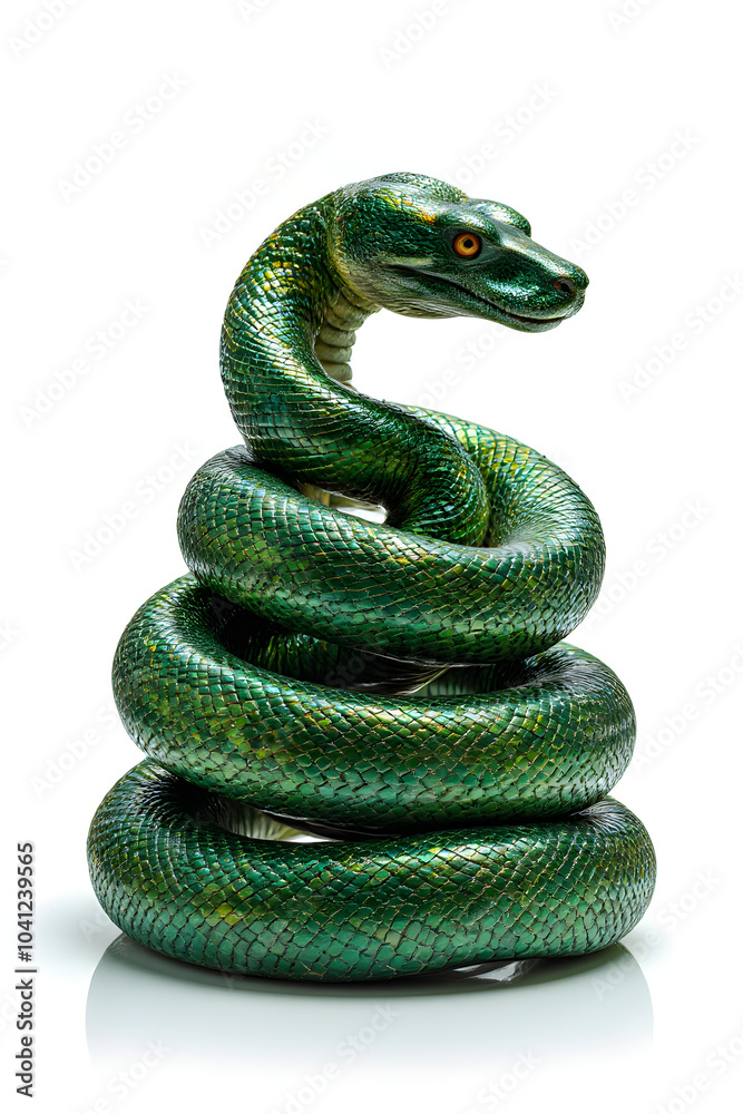 Fototapeta premium Coiled green snake with glossy scales and intense gaze against white background
