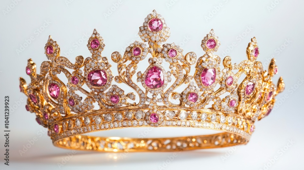 Opulent golden crown adorned with rare pink diamonds, intricate filigree work, and delicate detailing, set against a pristine white background Opulent golden crown adorned with rare pink diamonds, intricate filigree work, and delicate detailing, set against a pristine white background