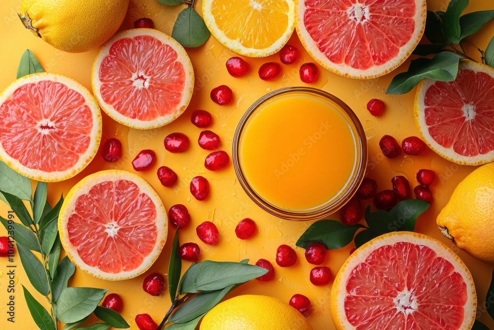 Citrus Fruit and Pomegranate Seeds on Yellow Background Citrus Fruit and Pomegranate Seeds on Yellow Background
