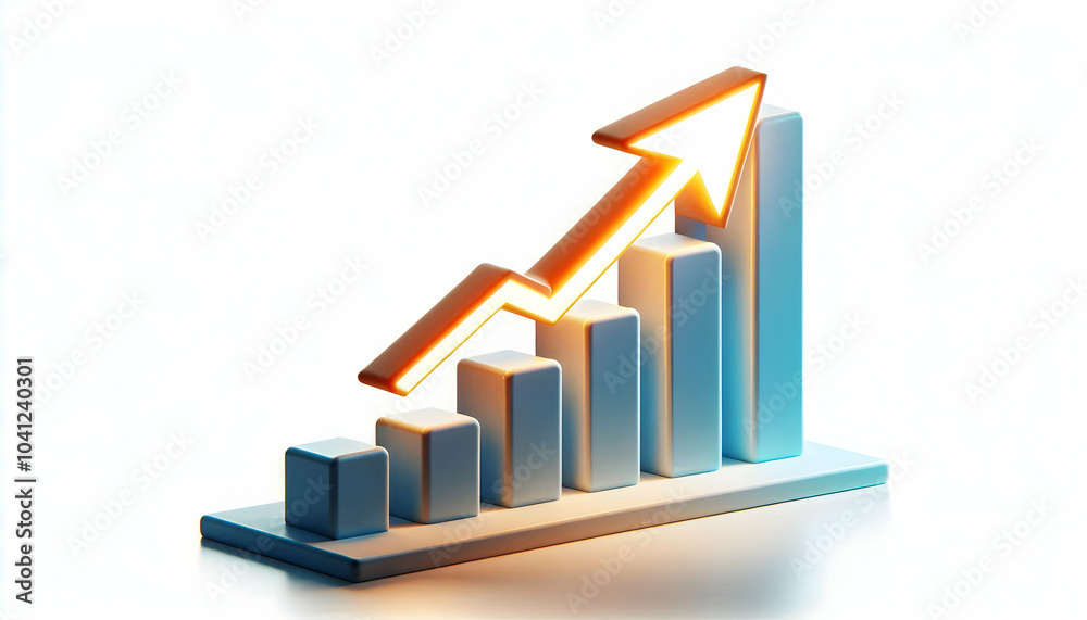 3D Bar Chart with Glowing Upward Arrow for Financial Infographics, Mastery in Growth and Trends, Floating Visualization, Isolated on White Background, Business Icon, 3D Modeling Concept 3D Bar Chart with Glowing Upward Arrow for Financial Infographics, Mastery in Growth and Trends, Floating Visualization, Isolated on White Background, Business Icon, 3D Modeling Concept