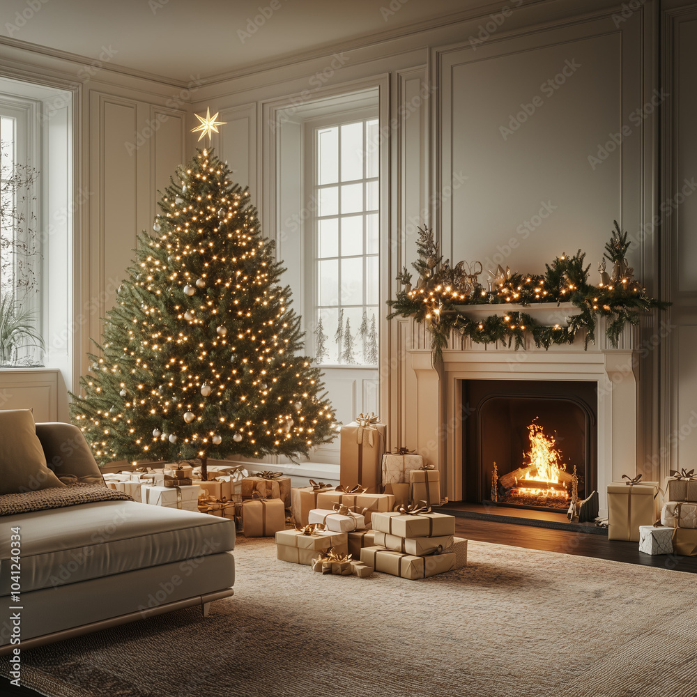 A cozy living room with a decorated Christmas tree by the fireplace, adorned with ornaments and lights, presents beneath the tree, and a warm, festive holiday atmosphere A cozy living room with a decorated Christmas tree by the fireplace, adorned with ornaments and lights, presents beneath the tree, and a warm, festive holiday atmosphere