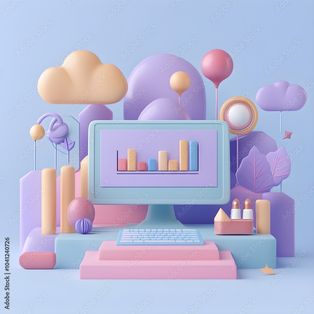 Pastel 3D Computer Desktop with Bar Graph and Abstract Shapes