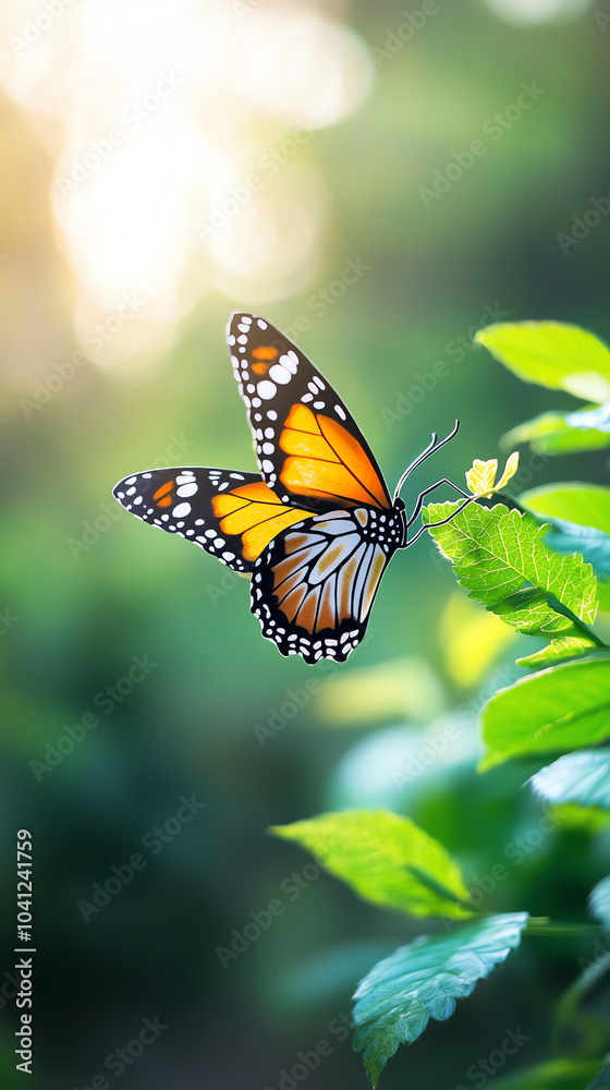 Captivating monarch butterfly gracing lush green leaves in sunrise glow Captivating monarch butterfly gracing lush green leaves in sunrise glow
