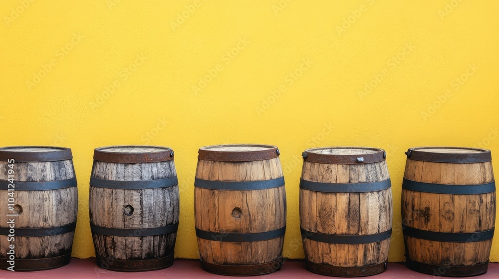 Fototapeta premium Several wooden barrels with distinctive wood patterns, lined up against a yellow backdrop.
