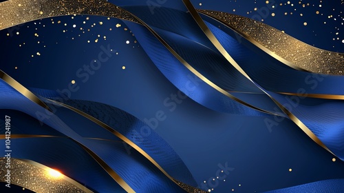 Blue background with golden lines, blue ribbon, glitter light effect and bokeh decoration. Luxury style design background